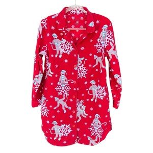 Nick & Nora Sock Monkey Snowflake Flannel Sleep Shirt Red Holiday Christmas Med
